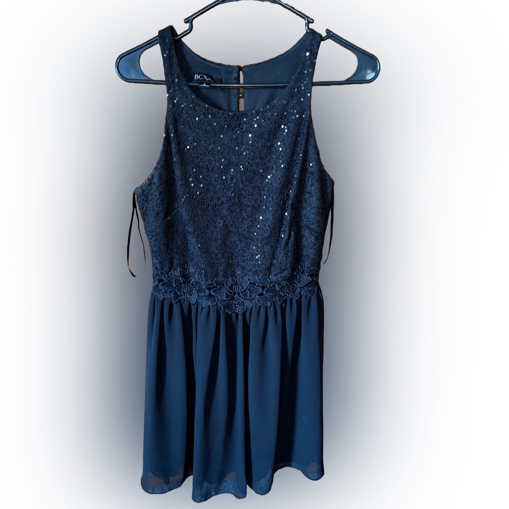BCX BLACK HALTER TOP DRESS WITH SEQUINS AND LACE